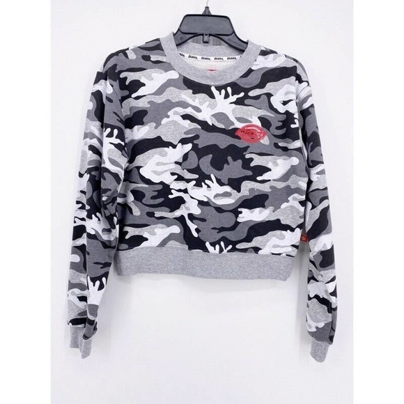 Dickies Camo Crop Sweatshirt M Gray White Camouflage Long Sleeve Top Shirt New - Picture 1 of 7